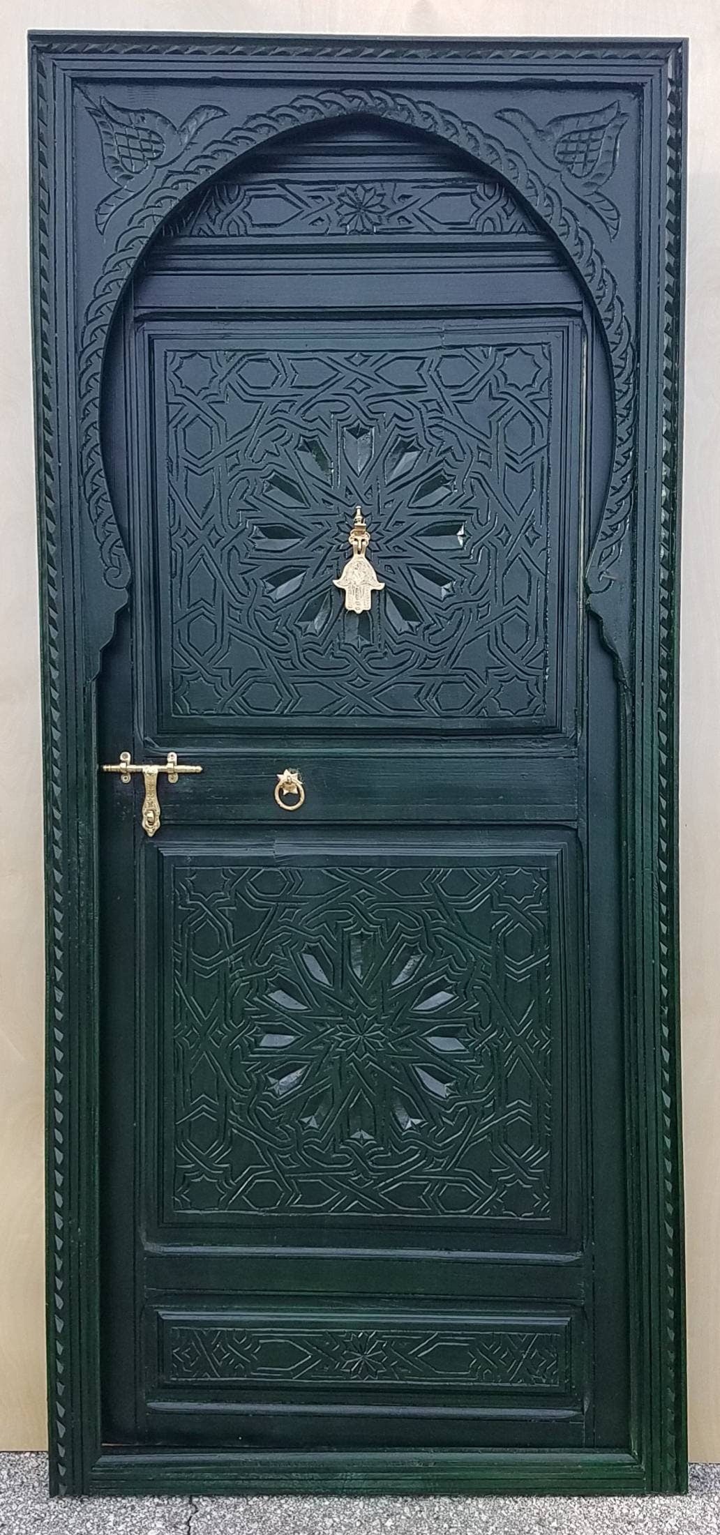 Handmade Hamsa Carved Wood Door, Dark Green Moroccan Moorish Style (79x35)