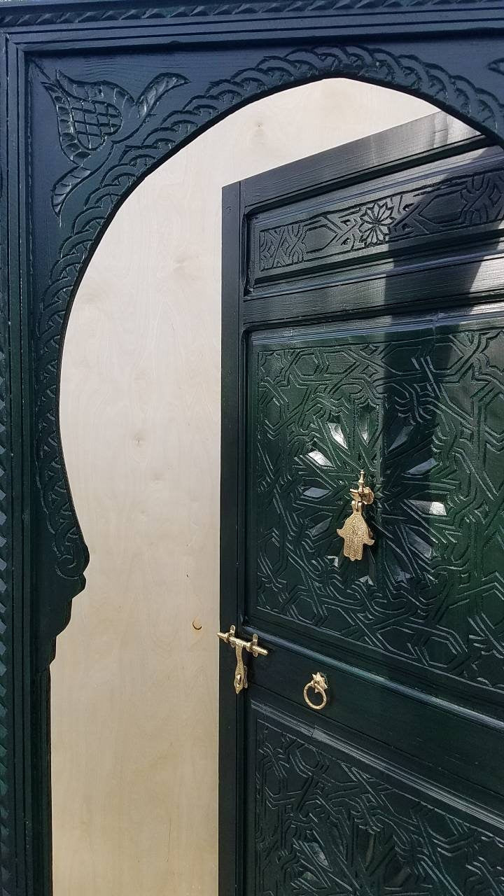 Handmade Hamsa Carved Wood Door, Dark Green Moroccan Moorish Style (79x35)