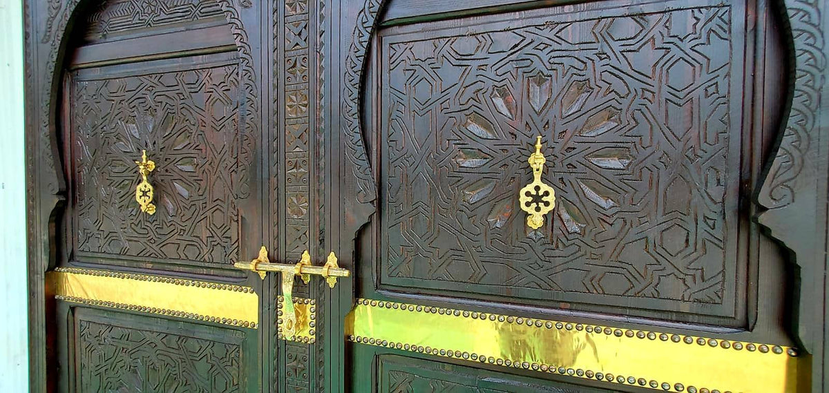 Handmade King Headboard Bed: Moroccan Carved Cedar Doors, Brass Knockers
