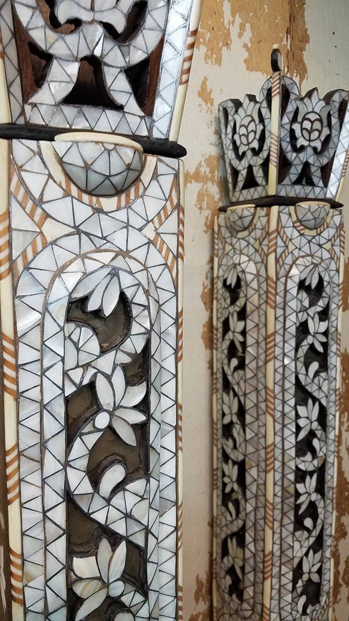 Syrian Mother of Pearl Inlaid King Bed Set: Headboard & Nightstands