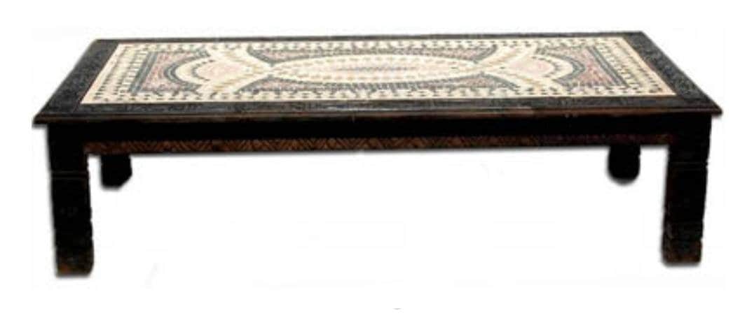 Vintage Moroccan Marble Mosaic Table, Phoenician Style, Cedar Carved