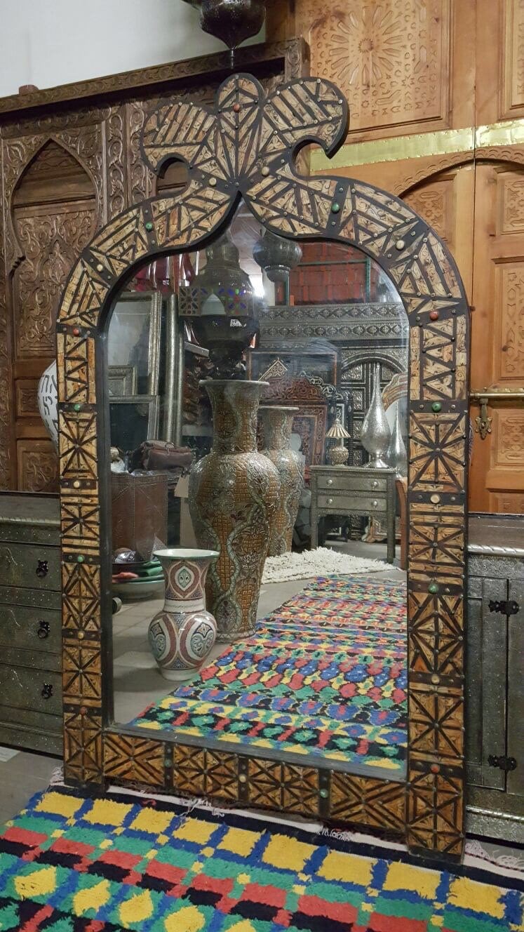 Handmade Moroccan Mirror: Orange Camel Bone Inlay, Berber Design