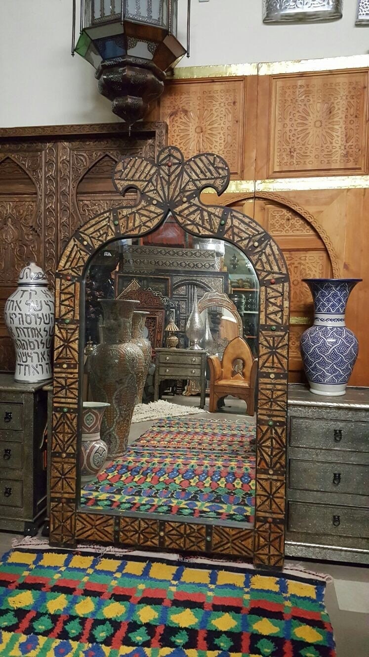 Handmade Moroccan Mirror: Orange Camel Bone Inlay, Berber Design