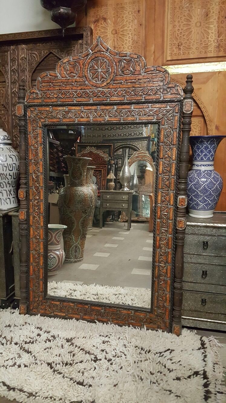 Handmade Moroccan Mirror, Orange Camel Bone Inlay, Berber Design