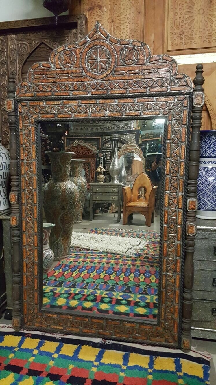 Handmade Moroccan Mirror, Orange Camel Bone Inlay, Berber Design