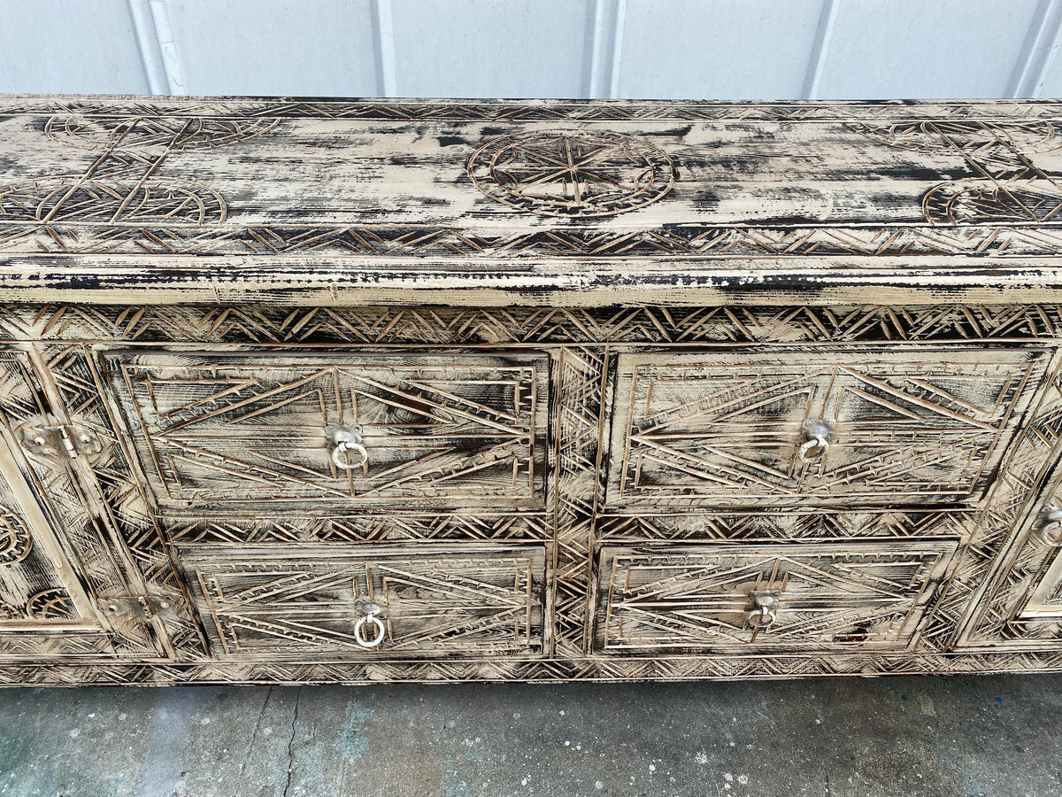 Handmade Moroccan Carved Wood Cabinet, Ethnic Dresser, 7ft