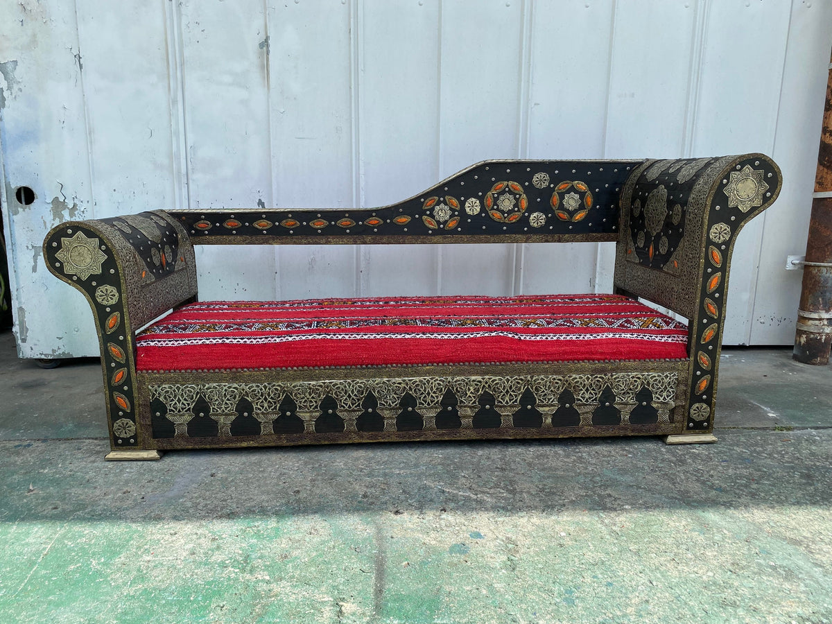 Handmade Moroccan Kilim Rug Bench, Silver Metal Inlay, Upholstered Sofa