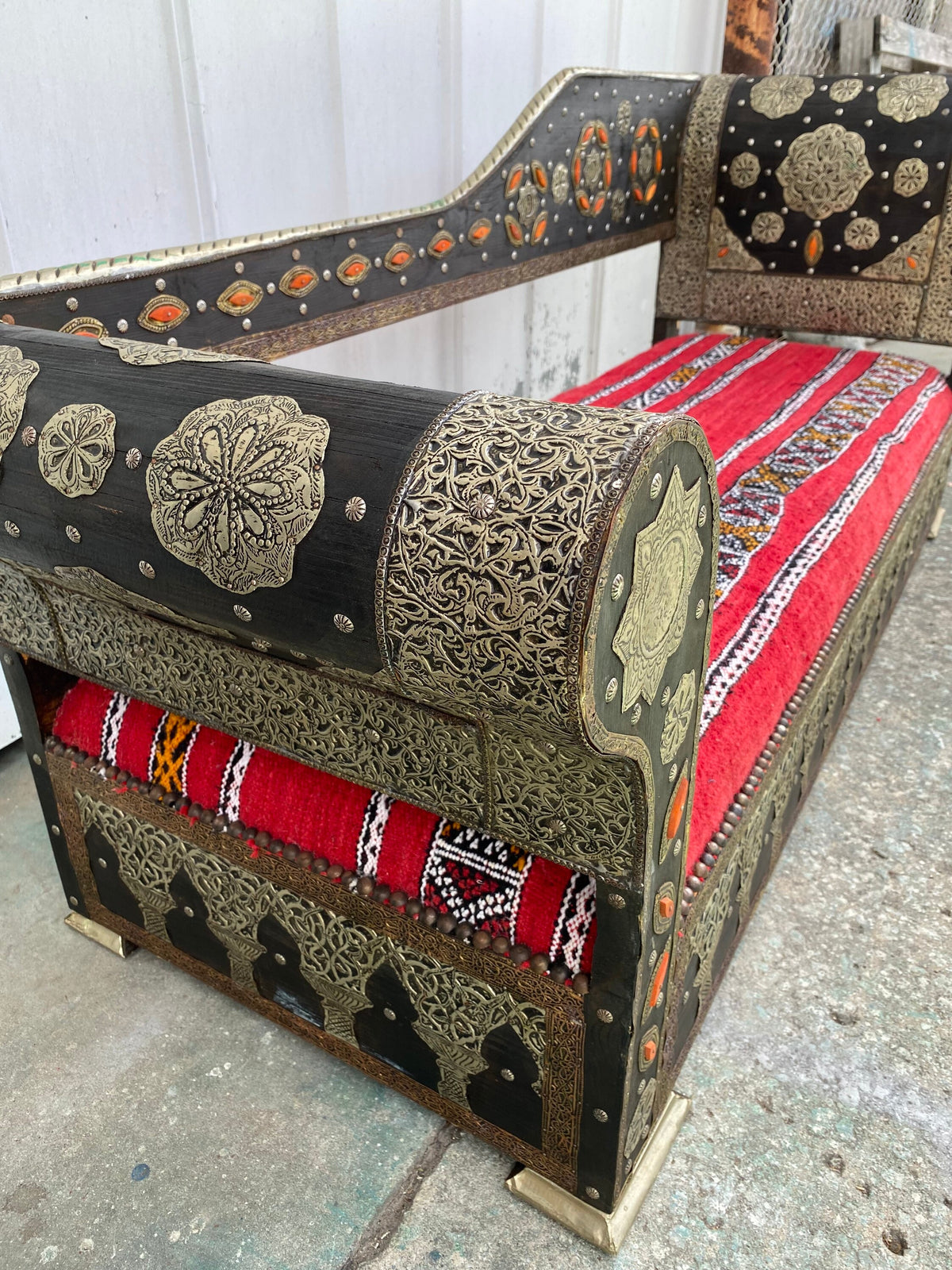 Handmade Moroccan Kilim Rug Bench, Silver Metal Inlay, Upholstered Sofa