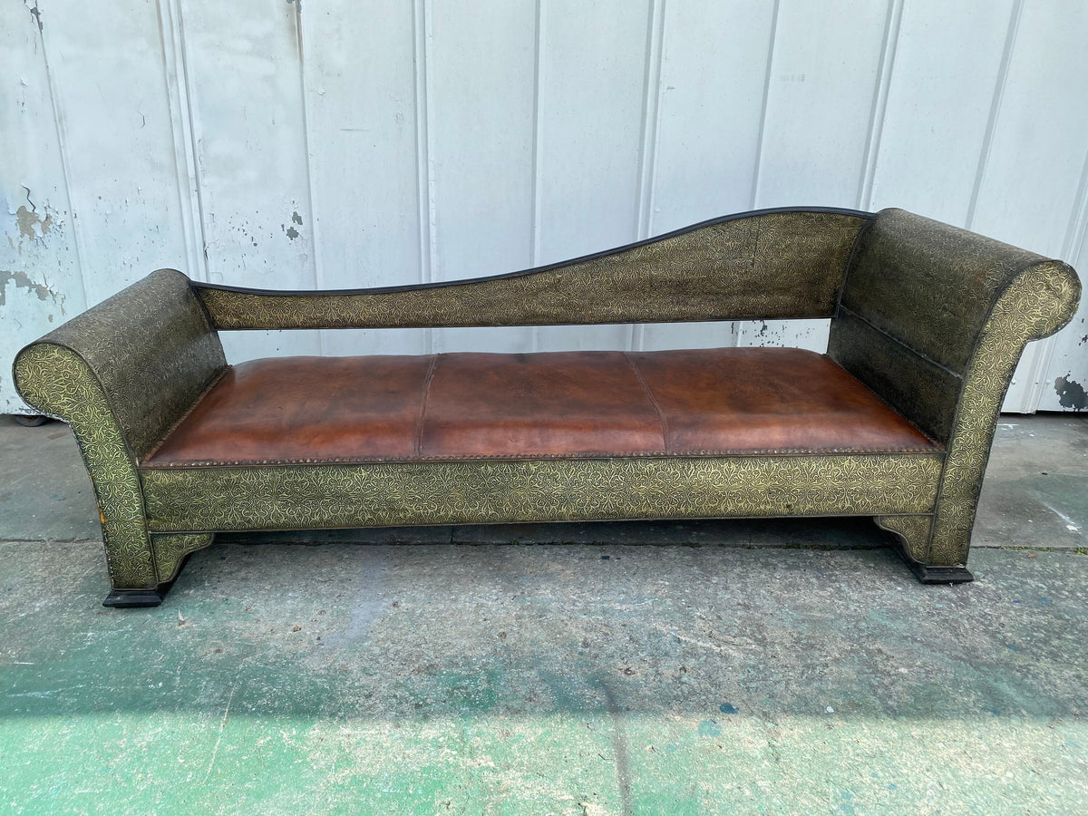 Handmade Moroccan Leather Bench, Silver Metal Inlay, One-of-a-Kind