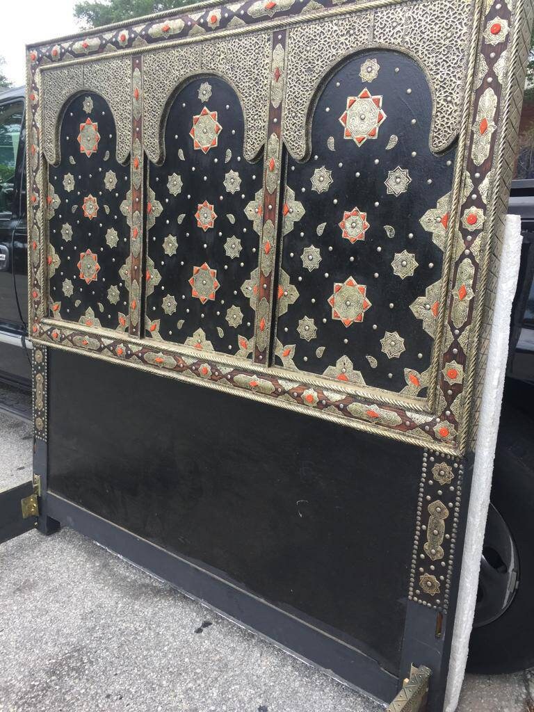 Vintage Silver Inlaid Camel Bone Headboard: Moroccan Sultan Bed