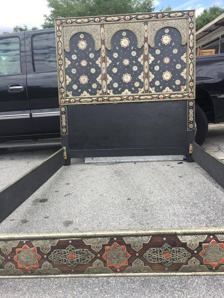 Vintage Silver Inlaid Camel Bone Headboard: Moroccan Sultan Bed