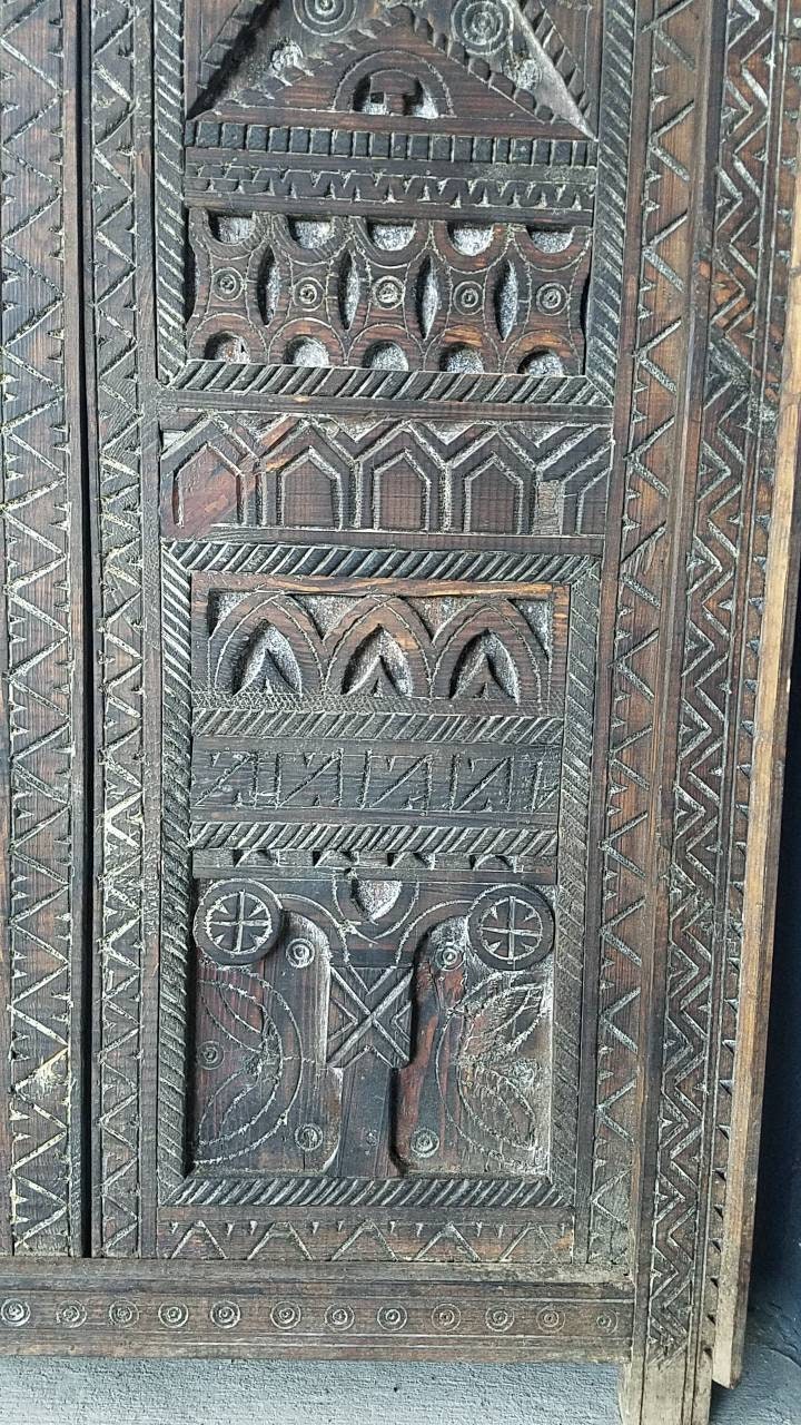 Vintage Carved Cedar Wood Door: Berber Tribal Symbols, 74.5" x 36.5"