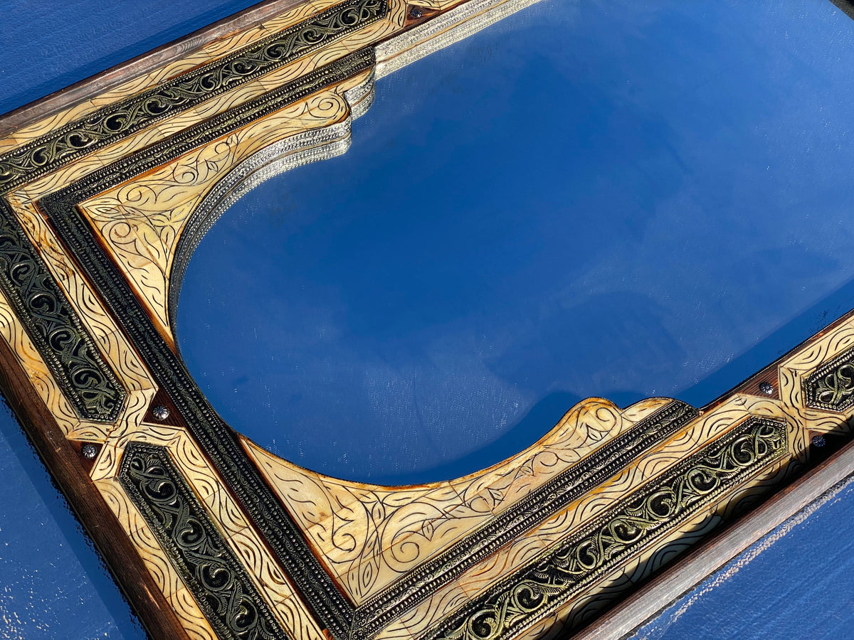 Handmade Moorish Arch Mirror: Silver Camel Bone Inlay, Moroccan Decor (39.5” x 26.5”)