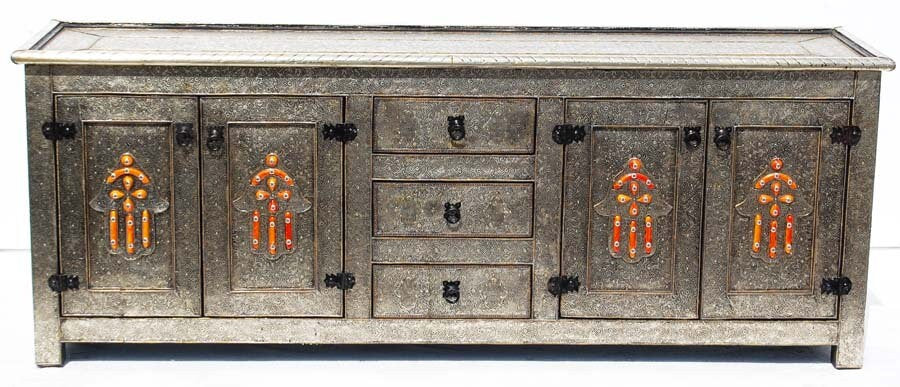Hamsa Hand TV Cabinet, Moroccan Silver Metal Buffet, Handmade Furniture