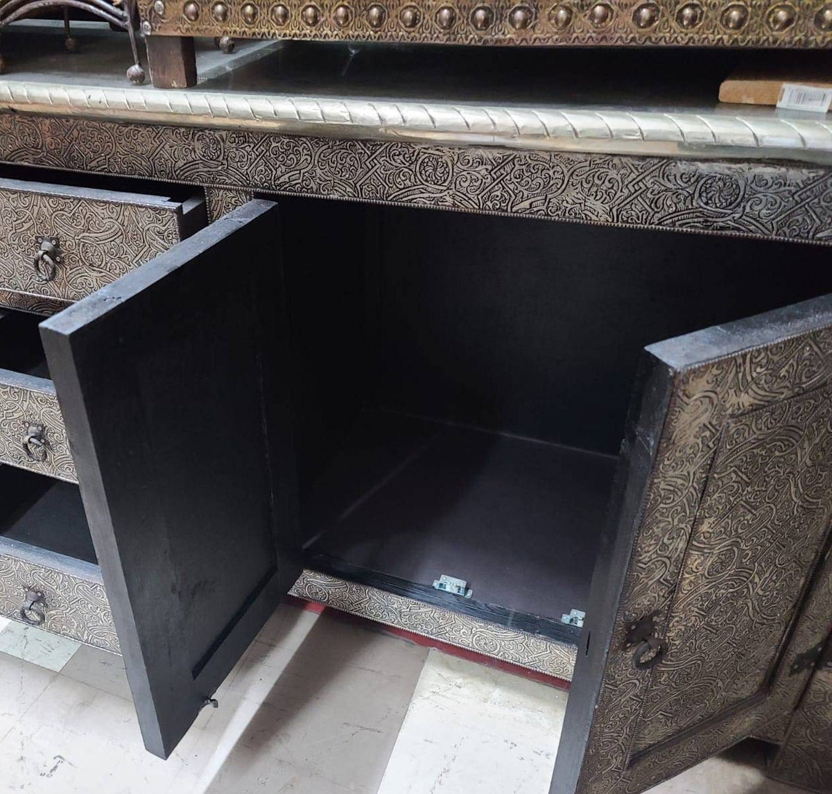 Hamsa Hand TV Cabinet, Moroccan Silver Metal Buffet, Handmade Furniture
