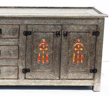 Hamsa Hand TV Cabinet, Moroccan Silver Metal Buffet, Handmade Furniture