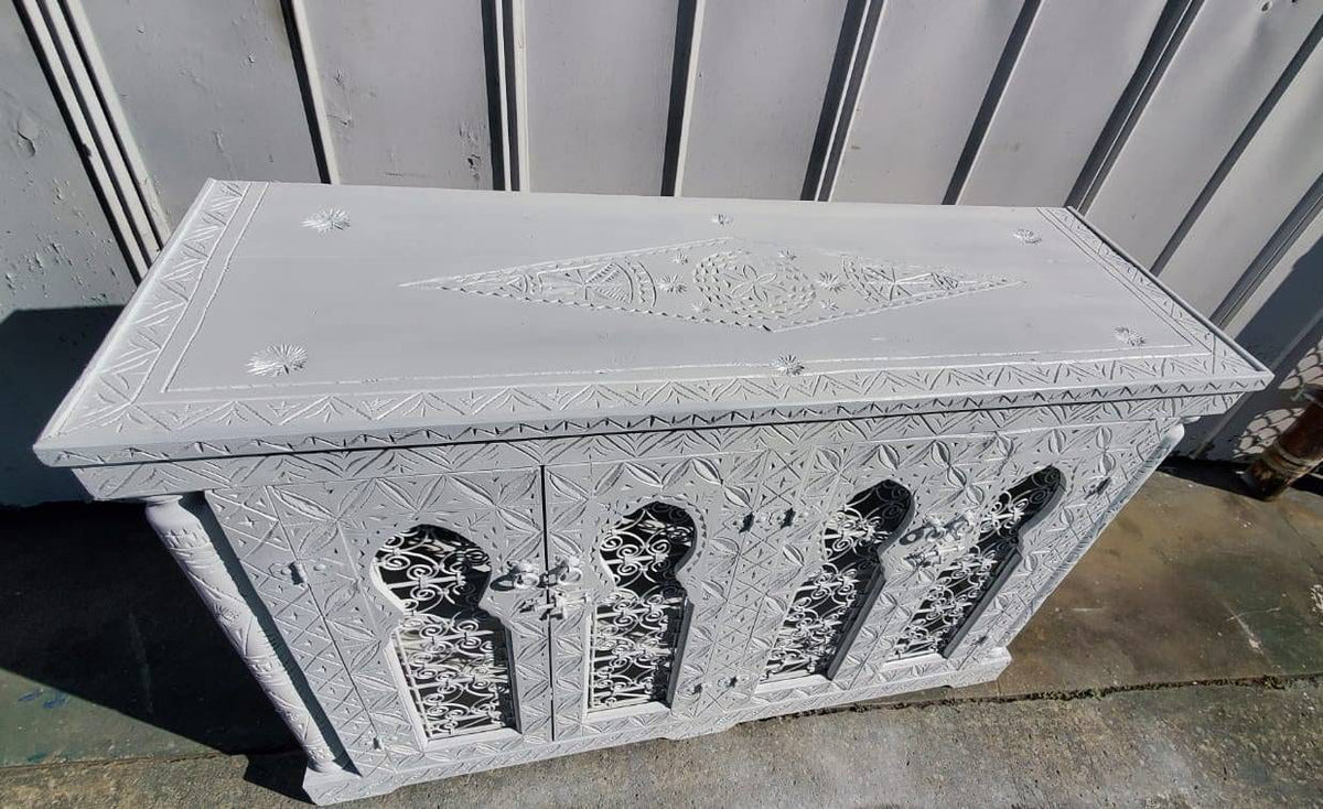 Handmade White Moorish Cabinet: Carved Wood & Wrought Iron