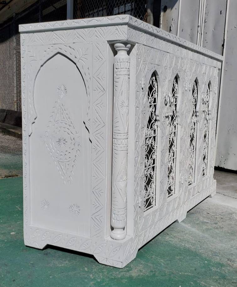 Handmade White Moorish Cabinet: Carved Wood & Wrought Iron