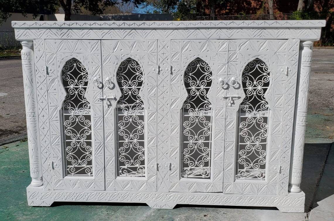 Handmade White Moorish Cabinet: Carved Wood & Wrought Iron