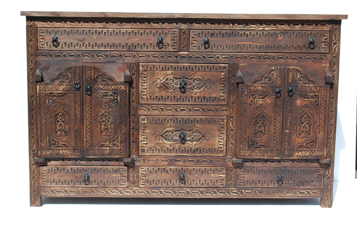 Handmade Moroccan Carved Wood Credenza: Rustic Moorish Dresser