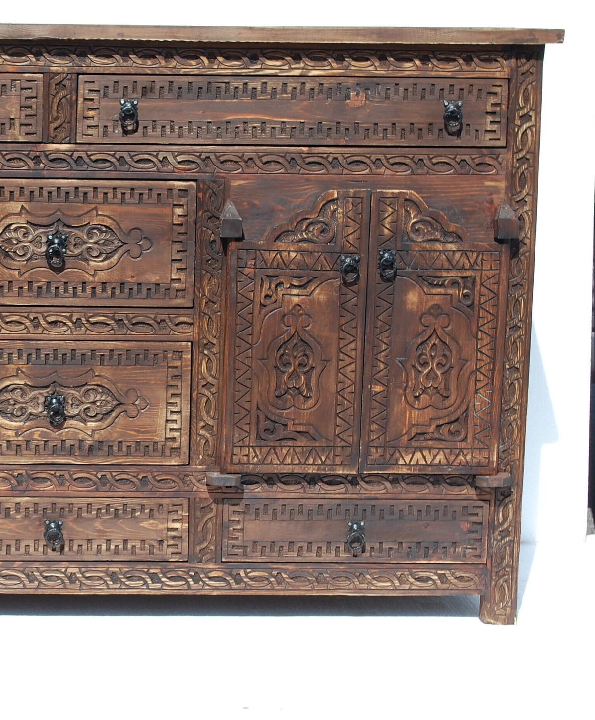 Handmade Moroccan Carved Wood Credenza: Rustic Moorish Dresser