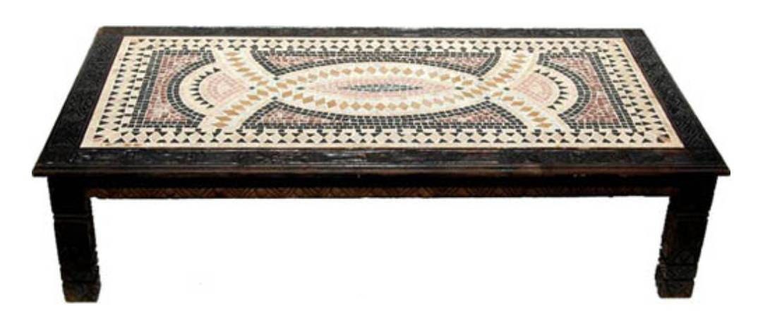 Vintage Moroccan Marble Mosaic Table, Phoenician Style, Cedar Carved