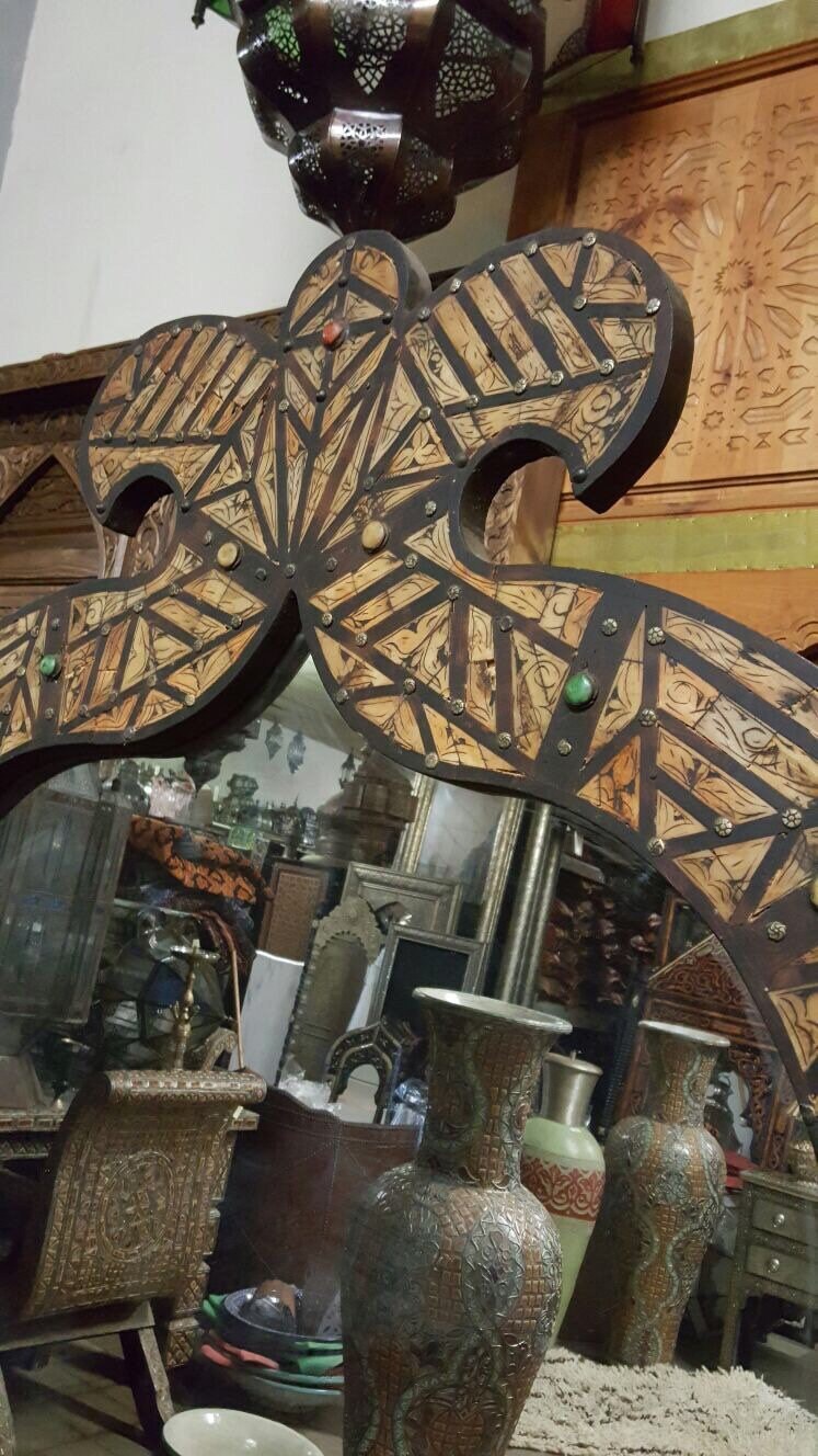 Handmade Moroccan Mirror: Orange Camel Bone Inlay, Berber Design