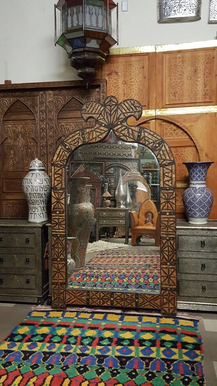 Handmade Moroccan Mirror: Orange Camel Bone Inlay, Berber Design