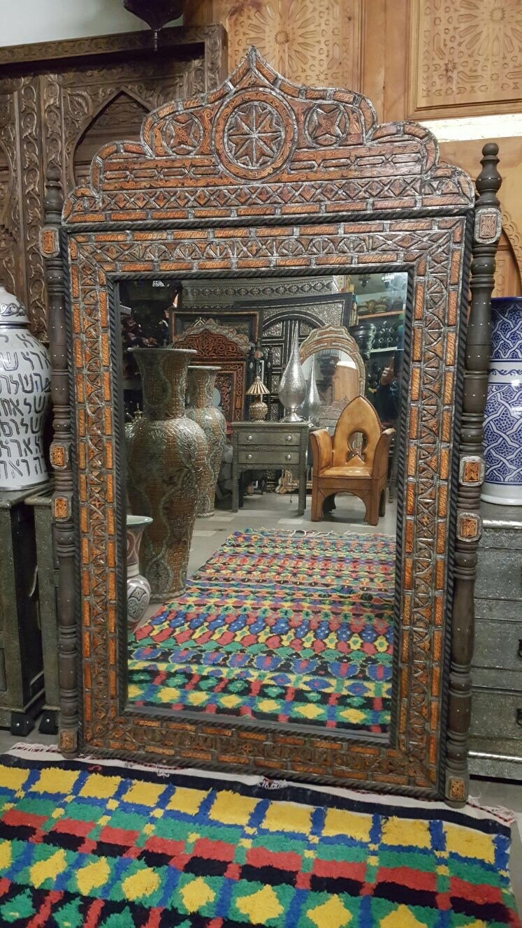 Handmade Moroccan Mirror, Orange Camel Bone Inlay, Berber Design