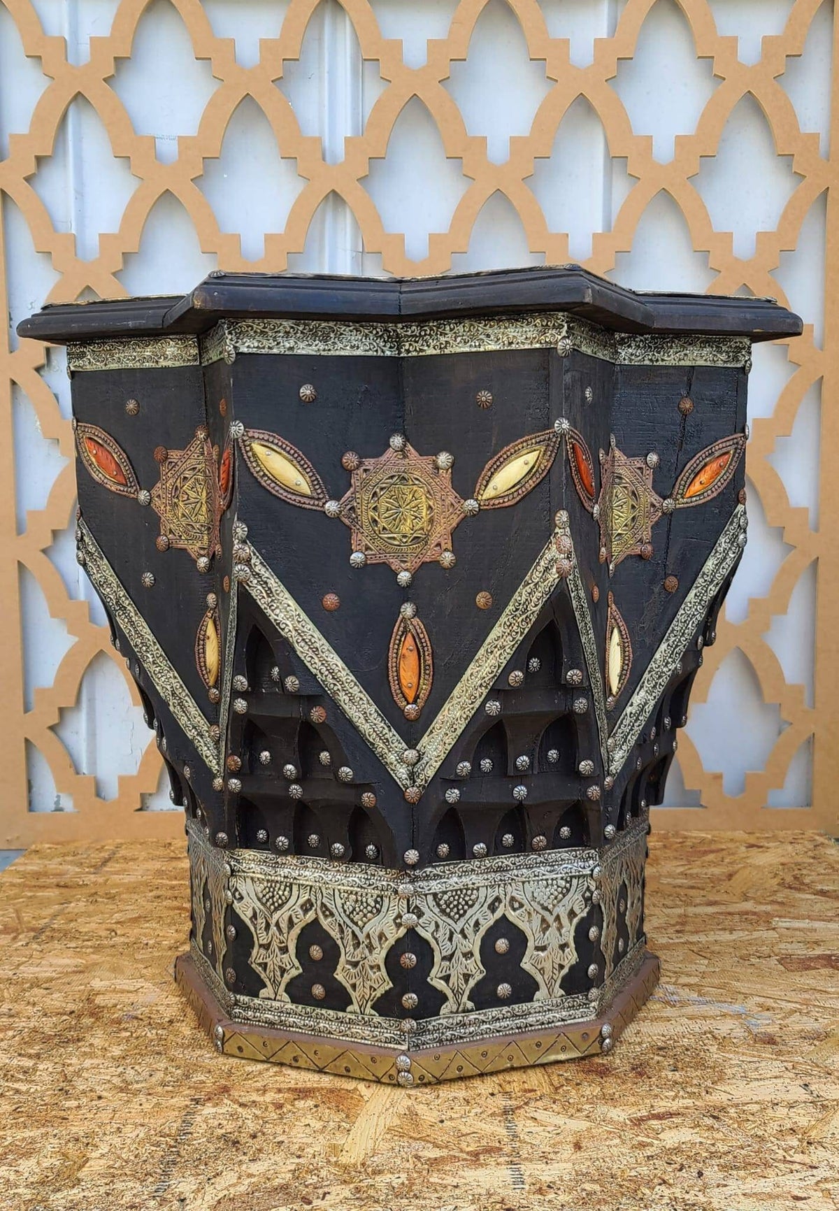 Vintage Star Bone Inlay Table, Moroccan Silver Metal Embellished