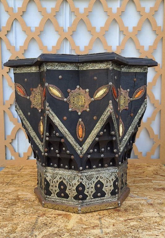 Vintage Star Bone Inlay Table, Moroccan Silver Metal Embellished