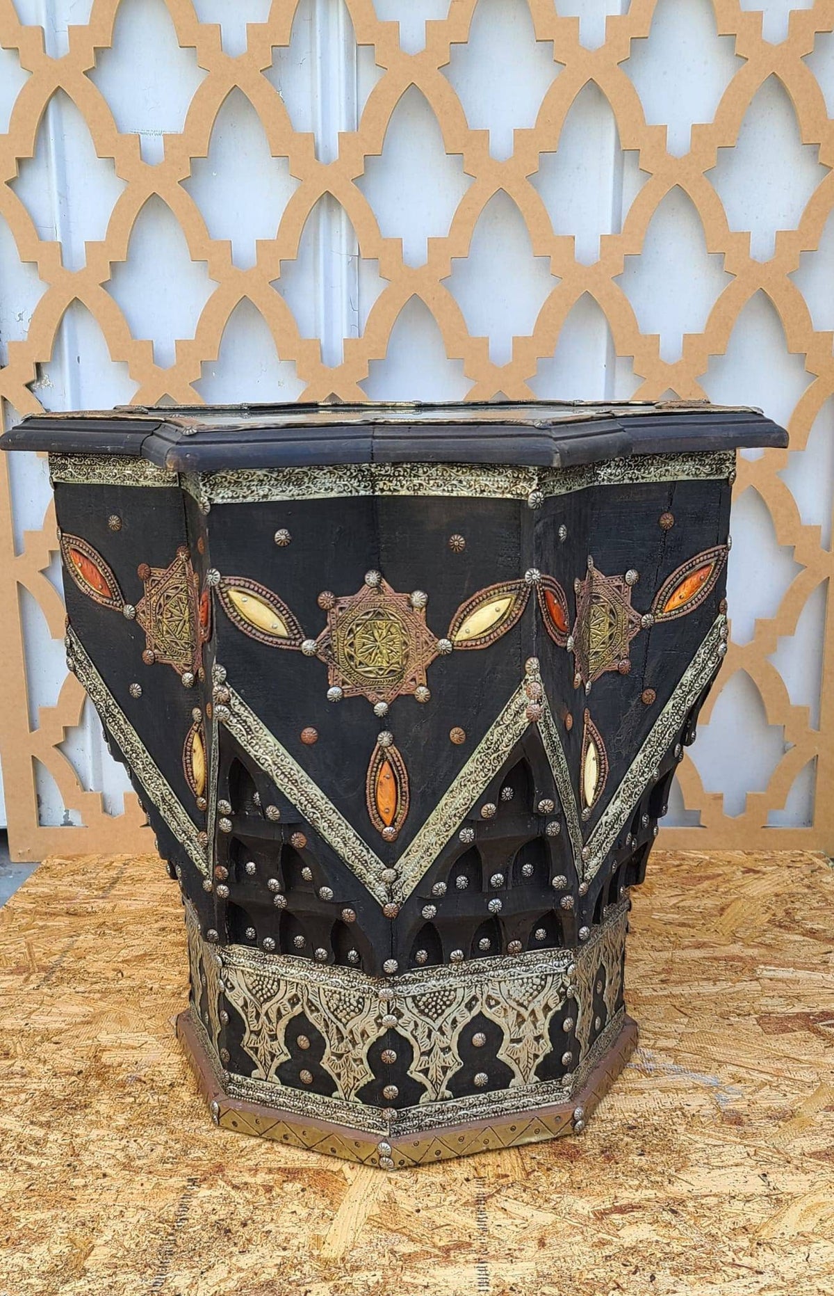 Vintage Star Bone Inlay Table, Moroccan Silver Metal Embellished
