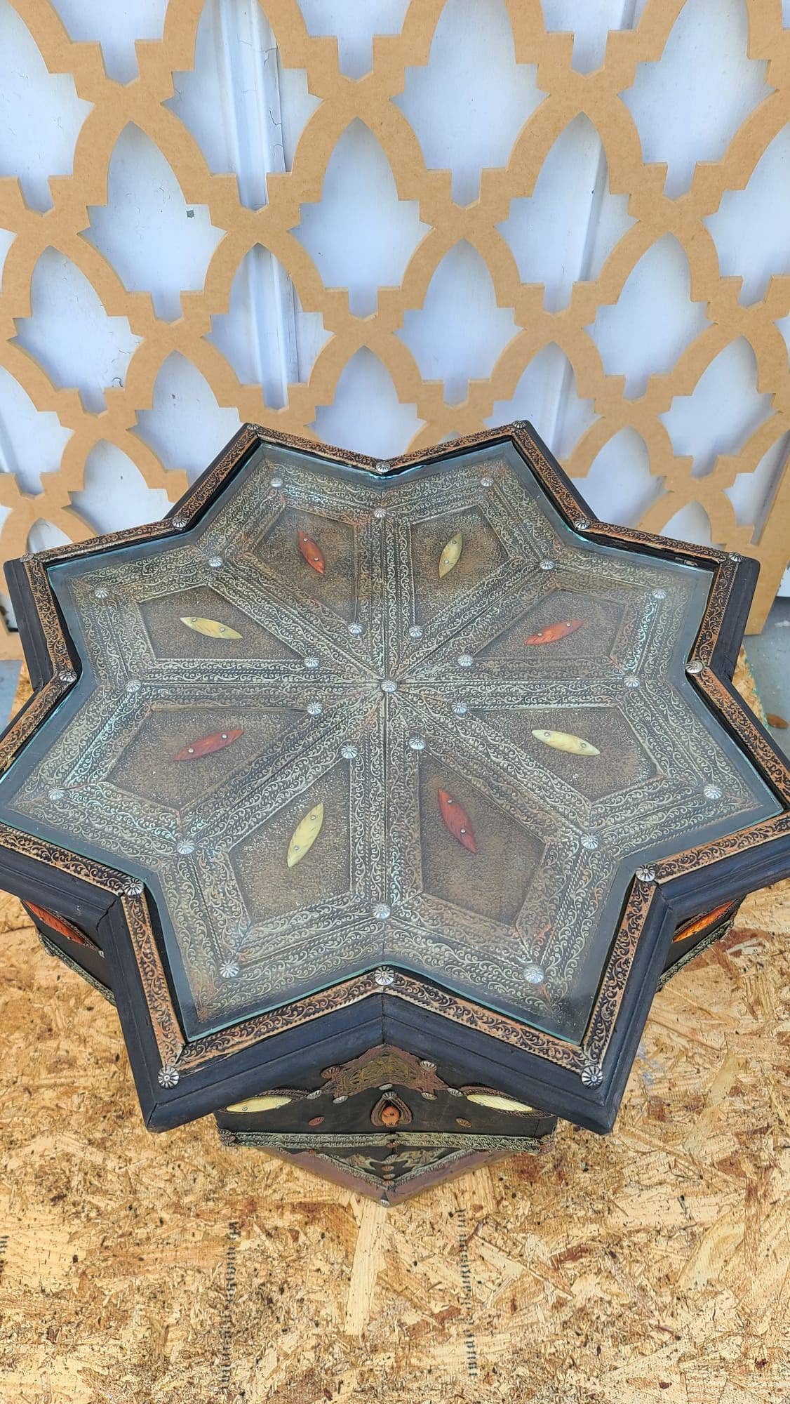 Vintage Star Bone Inlay Table, Moroccan Silver Metal Embellished