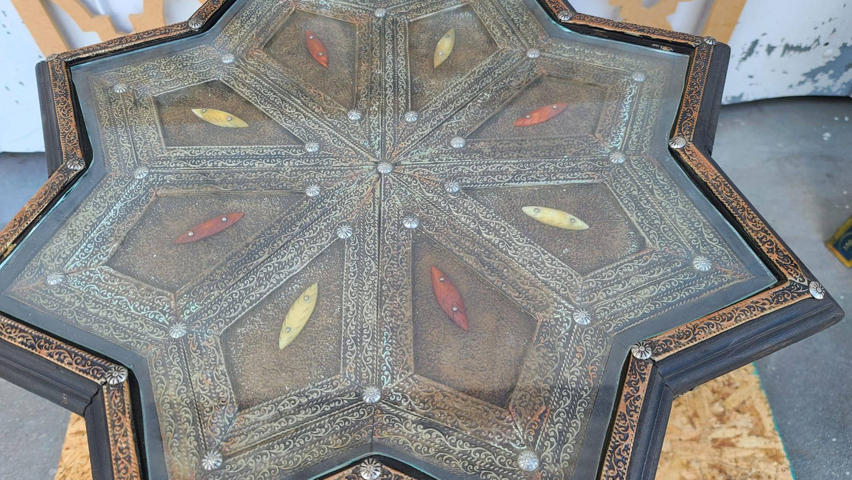 Vintage Star Bone Inlay Table, Moroccan Silver Metal Embellished