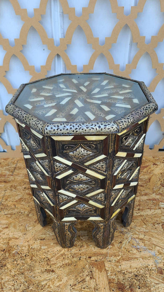 Vintage Bone Inlay Moroccan Table, Handmade Silver Accent Decor