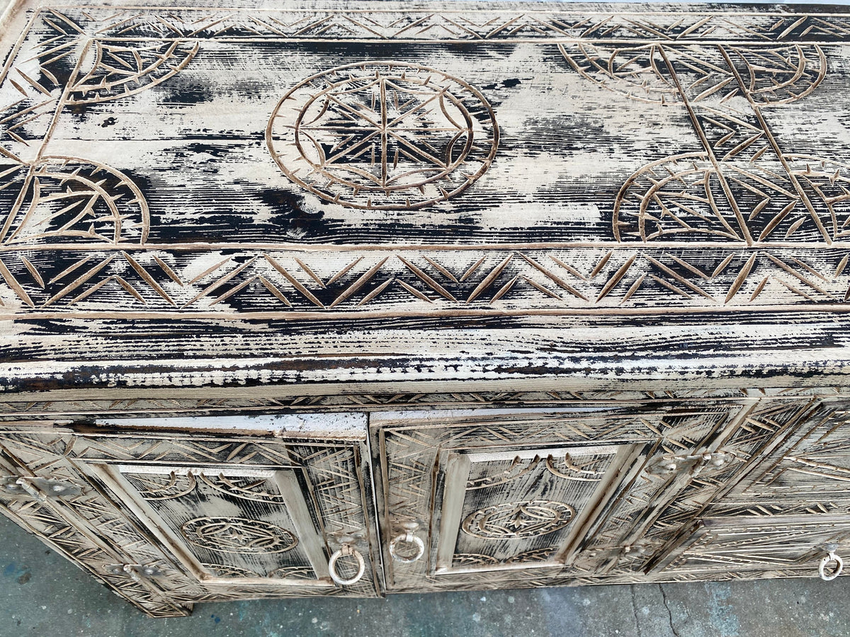 Handmade Moroccan Carved Wood Cabinet, Ethnic Dresser, 7ft