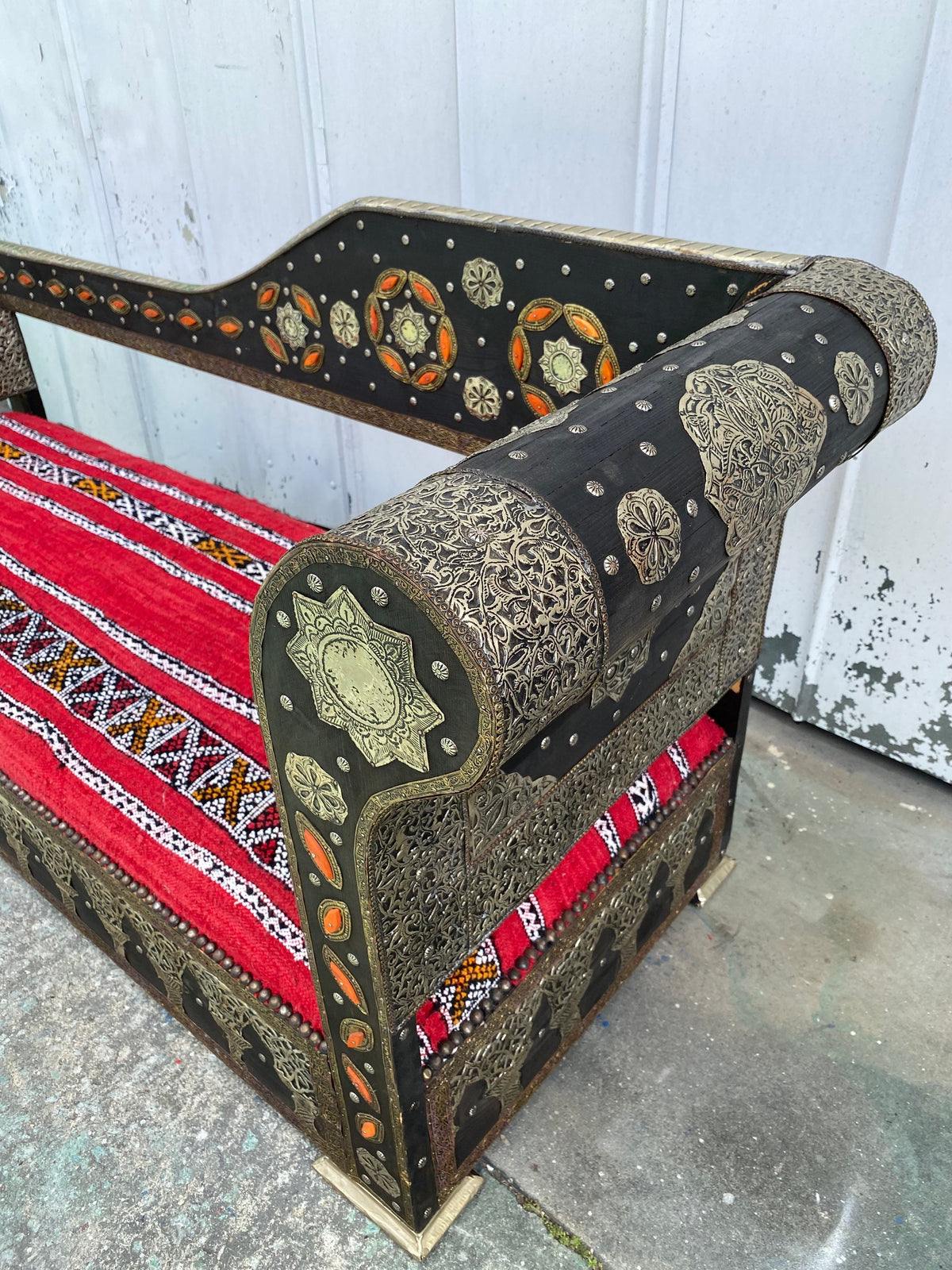 Handmade Moroccan Kilim Rug Bench, Silver Metal Inlay, Upholstered Sofa