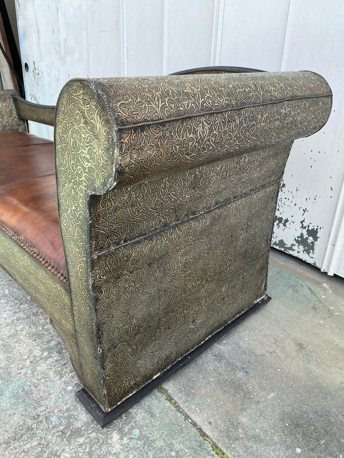 Handmade Moroccan Leather Bench, Silver Metal Inlay, One-of-a-Kind