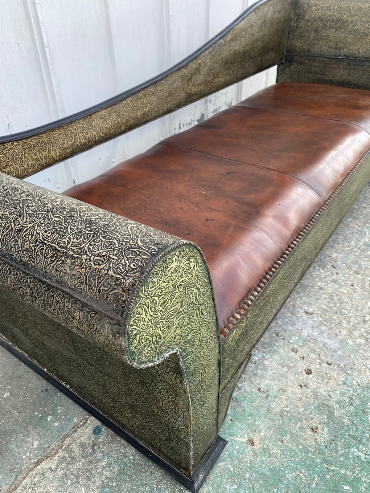 Handmade Moroccan Leather Bench, Silver Metal Inlay, One-of-a-Kind