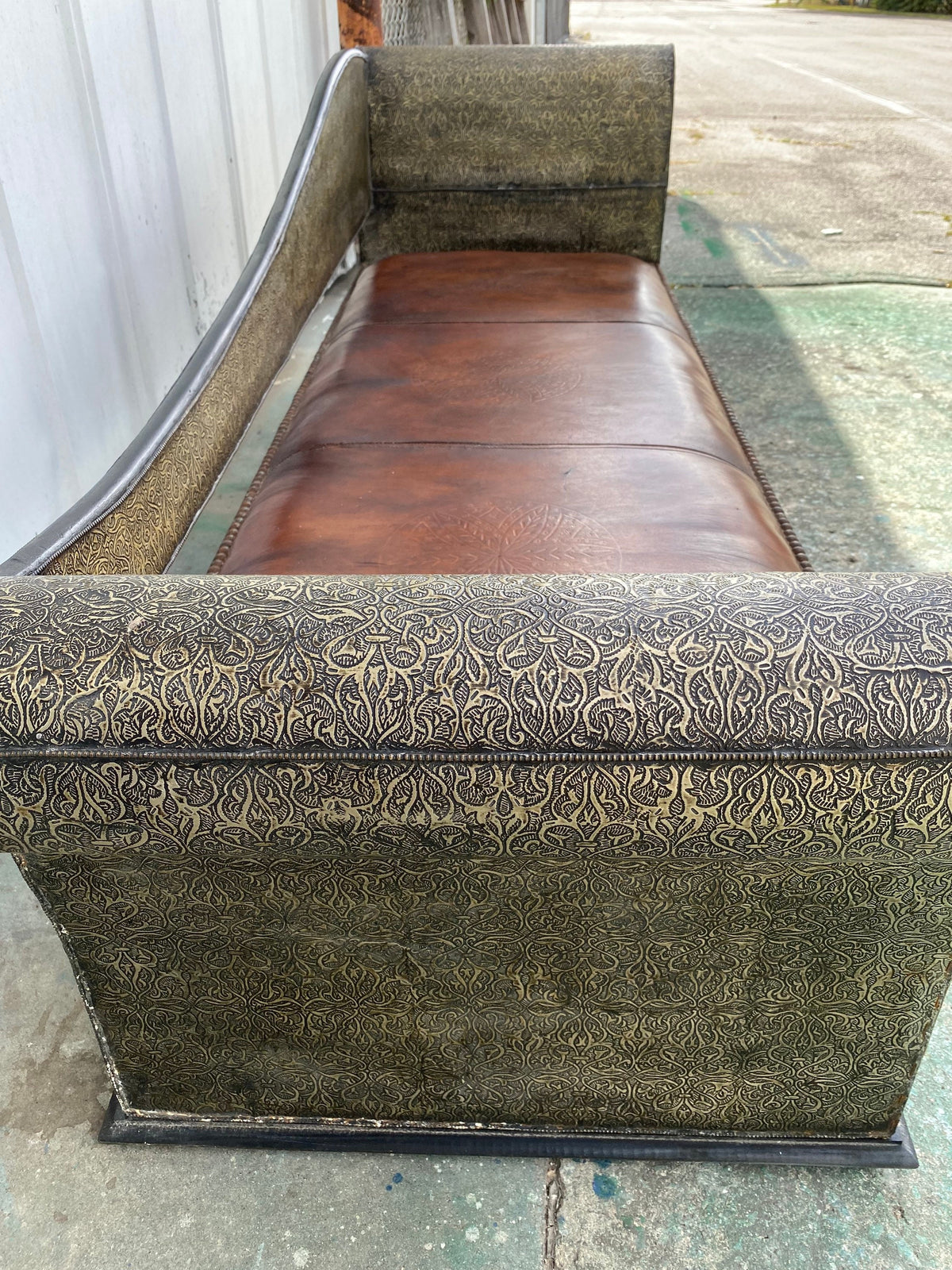 Handmade Moroccan Leather Bench, Silver Metal Inlay, One-of-a-Kind