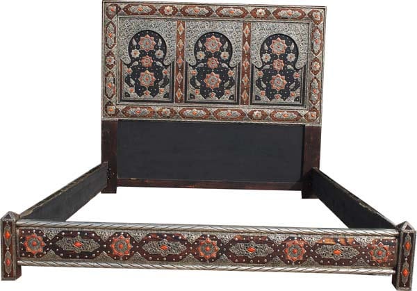 Vintage Silver Inlaid Camel Bone Headboard: Moroccan Sultan Bed