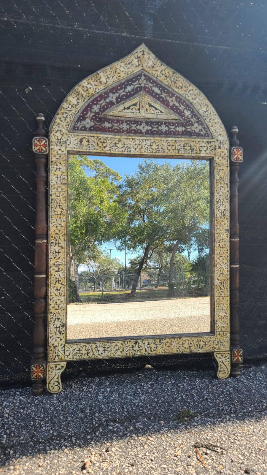 Large Antique Moroccan Mirror: Camel Bone Inlay, Moorish Design (61x38)
