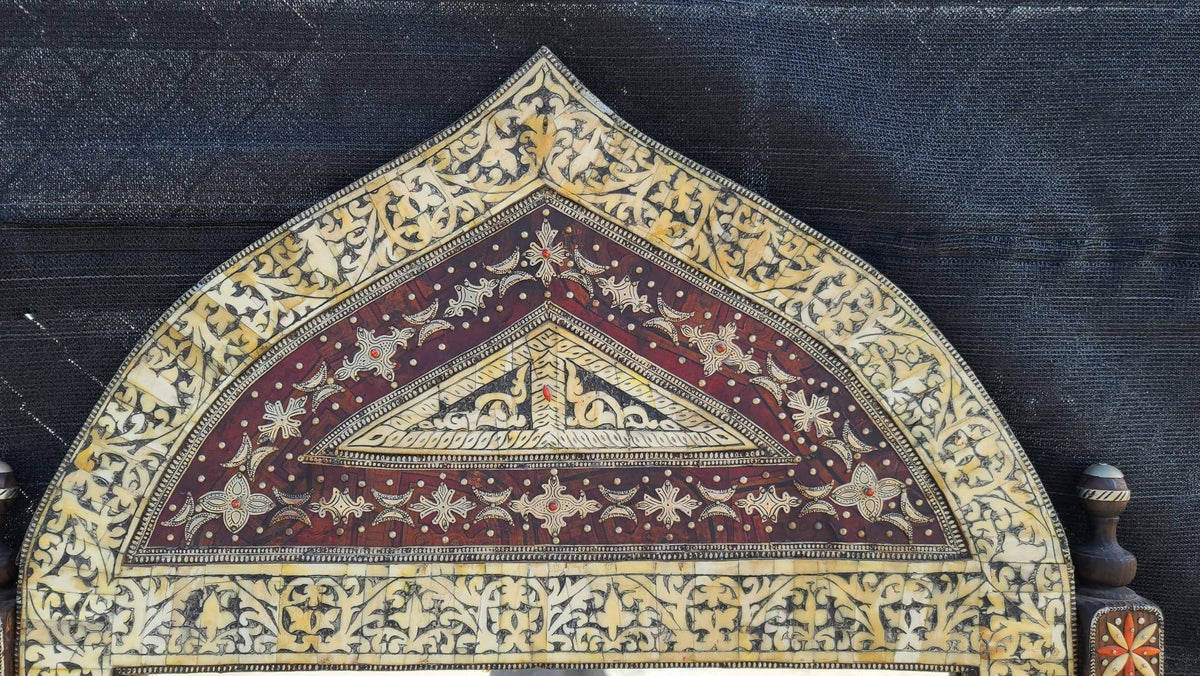Large Antique Moroccan Mirror: Camel Bone Inlay, Moorish Design (61x38)