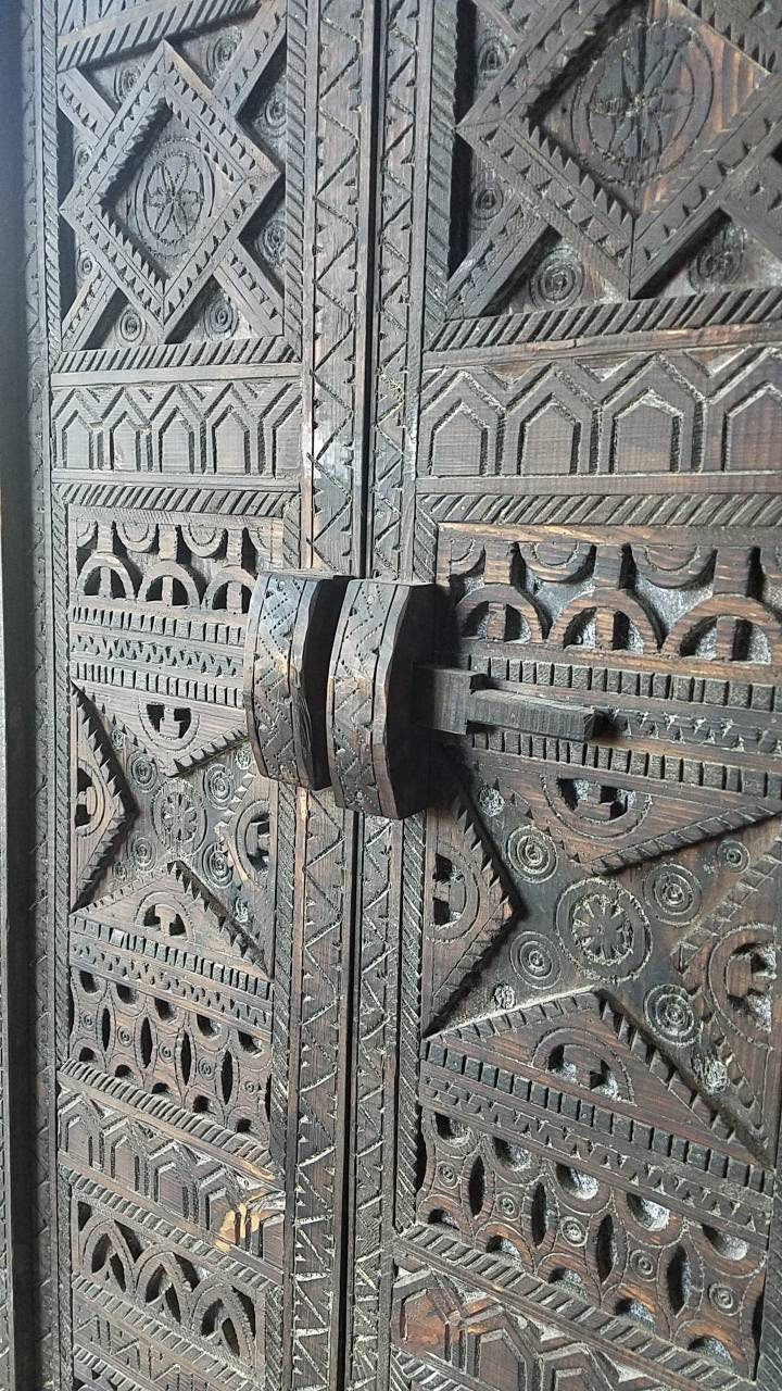 Vintage Carved Cedar Wood Door: Berber Tribal Symbols, 74.5" x 36.5"