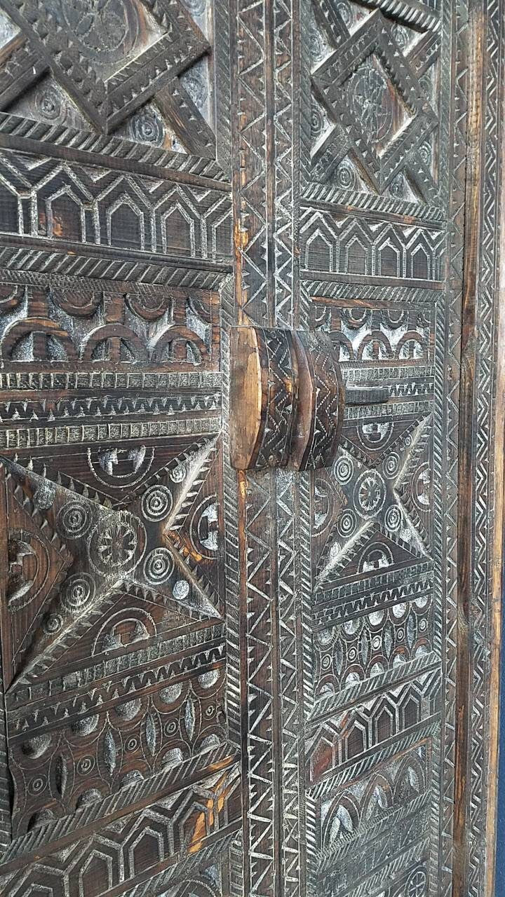 Vintage Carved Cedar Wood Door: Berber Tribal Symbols, 74.5" x 36.5"