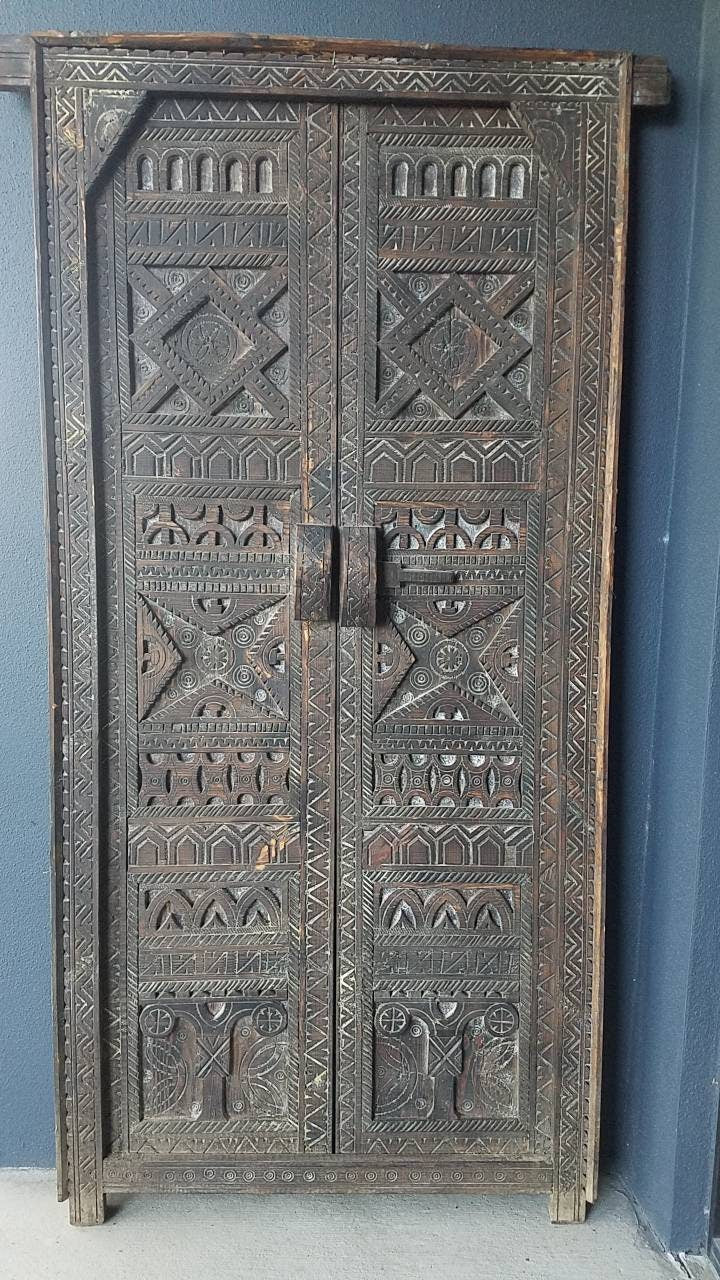 Vintage Carved Cedar Wood Door: Berber Tribal Symbols, 74.5" x 36.5"