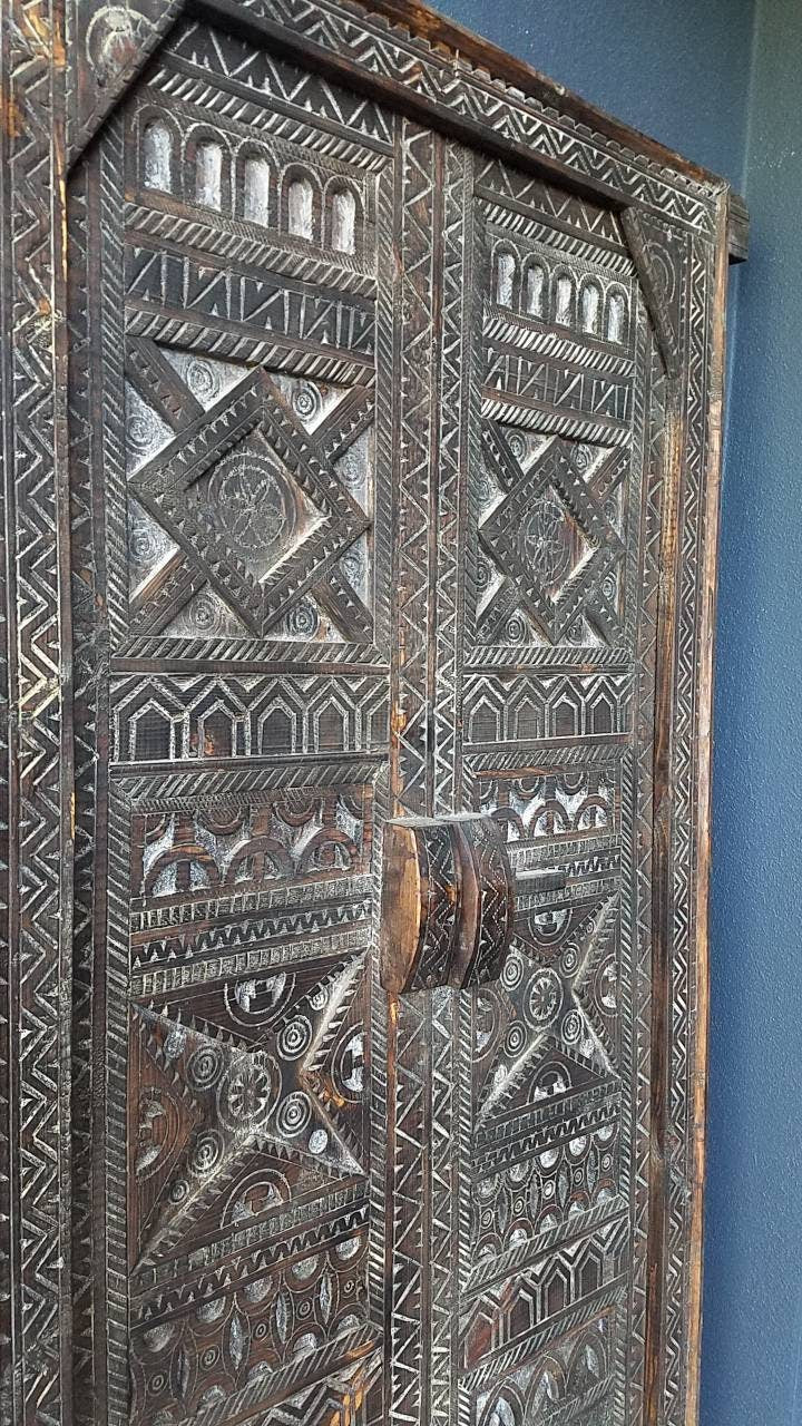Vintage Carved Cedar Wood Door: Berber Tribal Symbols, 74.5" x 36.5"