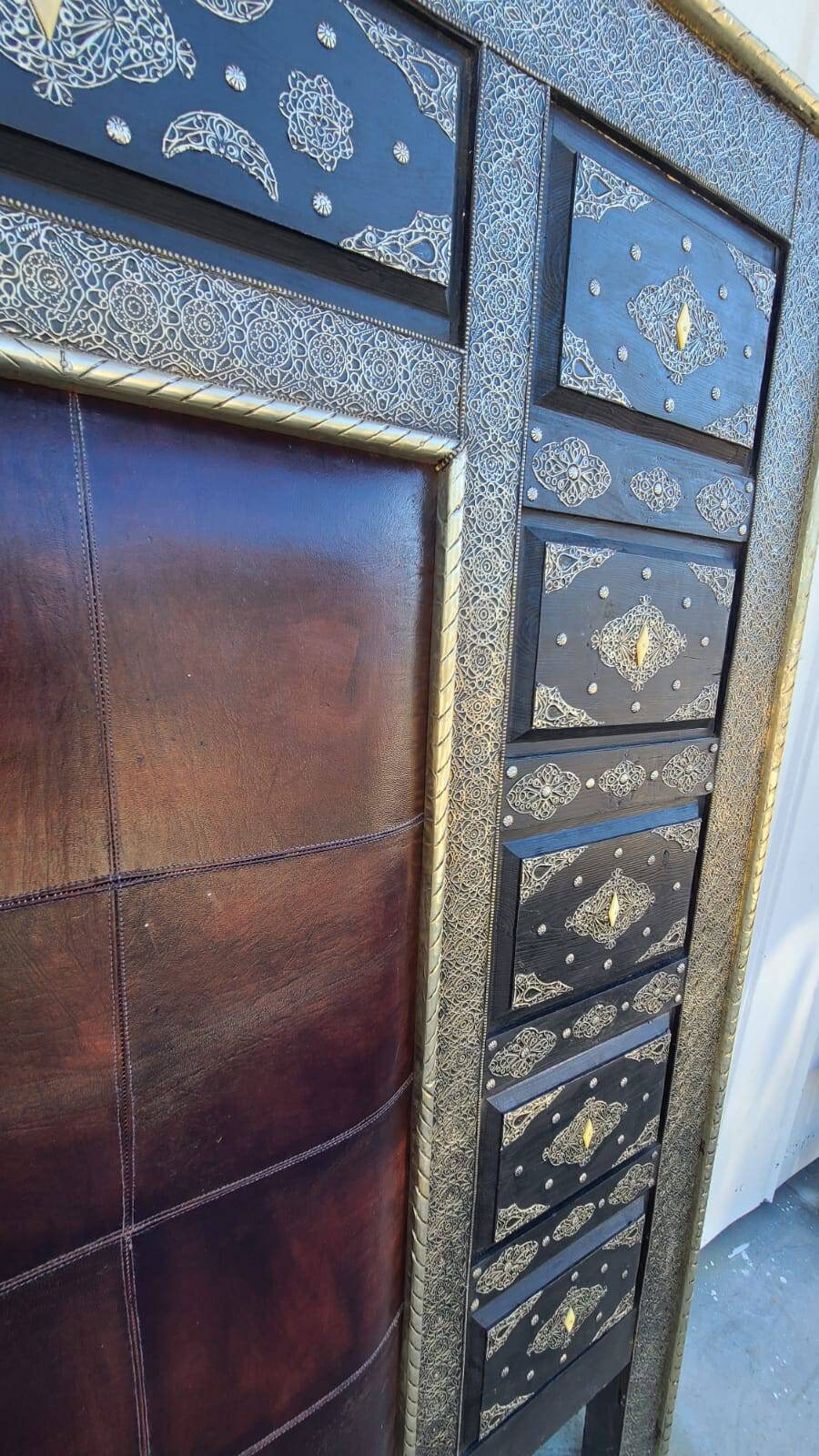 Handmade Leather Moroccan Bed with Silver Metal Artwork