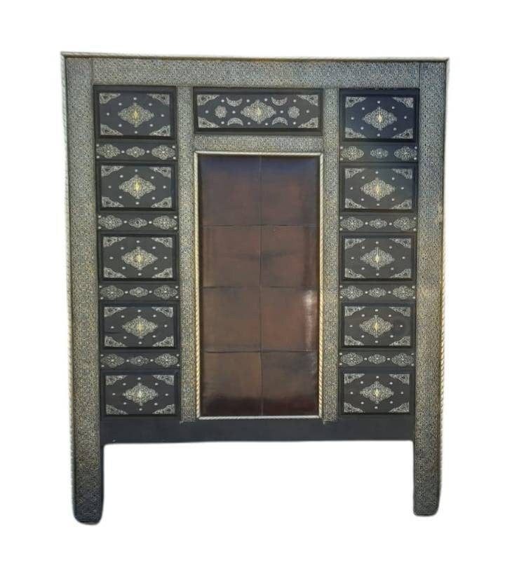 Handmade Leather Moroccan Bed with Silver Metal Artwork