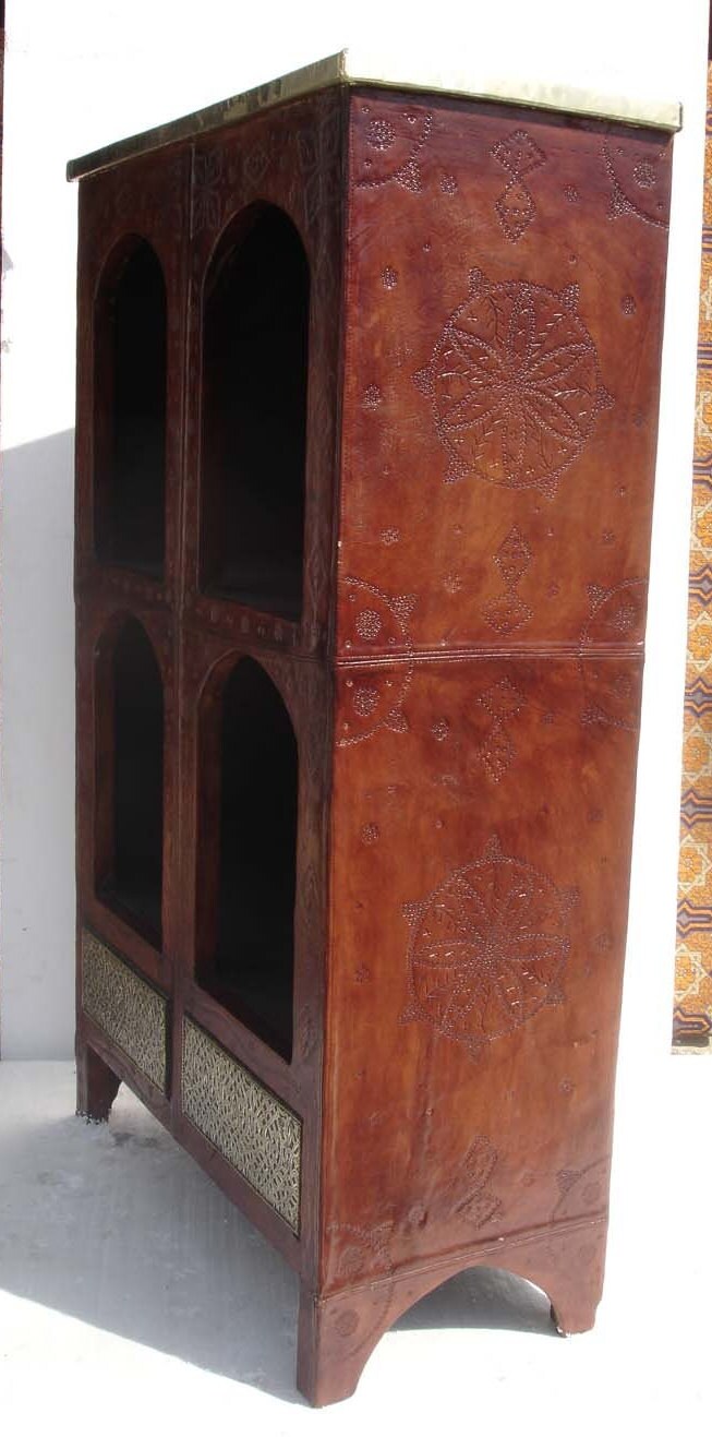 Handmade Moroccan Leather Cabinet, Moorish Decor, Antique Brass